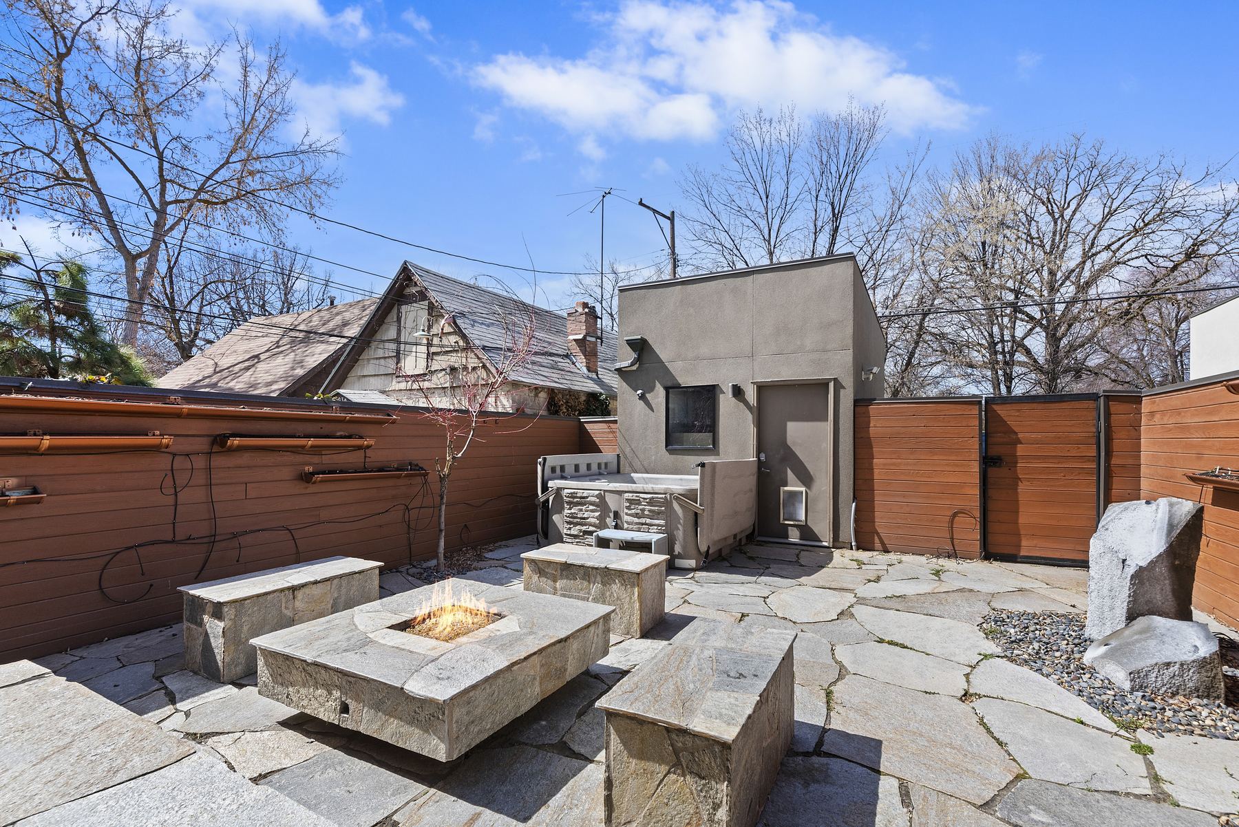 Private walled flagstone courtyard with hot tub and gas fire pit, Boise vacation rental