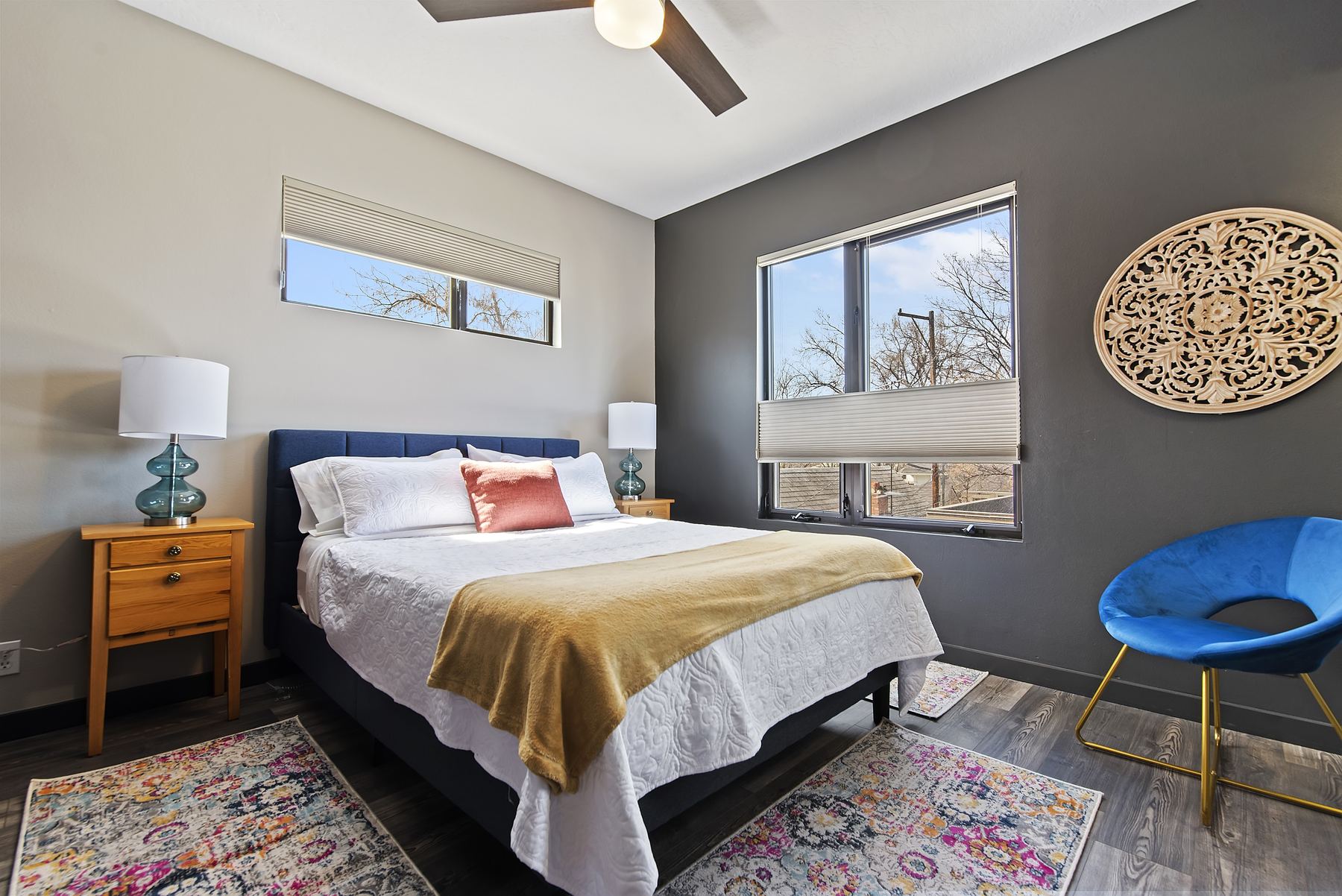 Second bedroom with Queen bed and sitting chairs, Boise vacation rental near Hyde Park